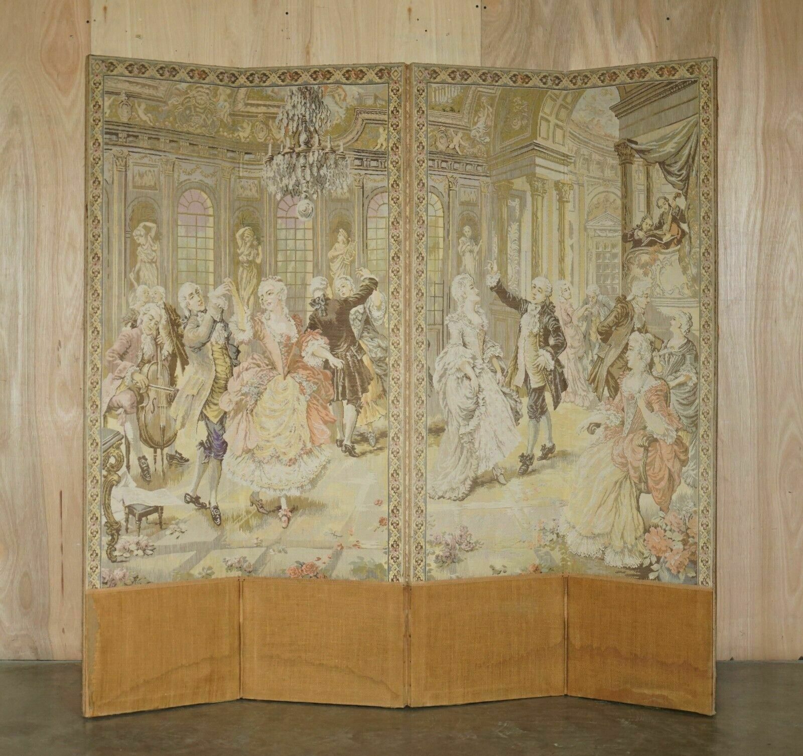 Original Antique Victorian Tapestry Four Panel Folding Screen Of Nobles Dancing