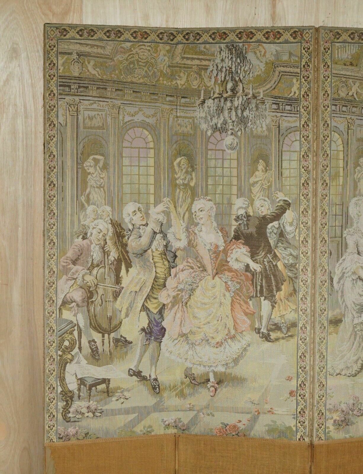 Original Antique Victorian Tapestry Four Panel Folding Screen Of Nobles Dancing photo furniture