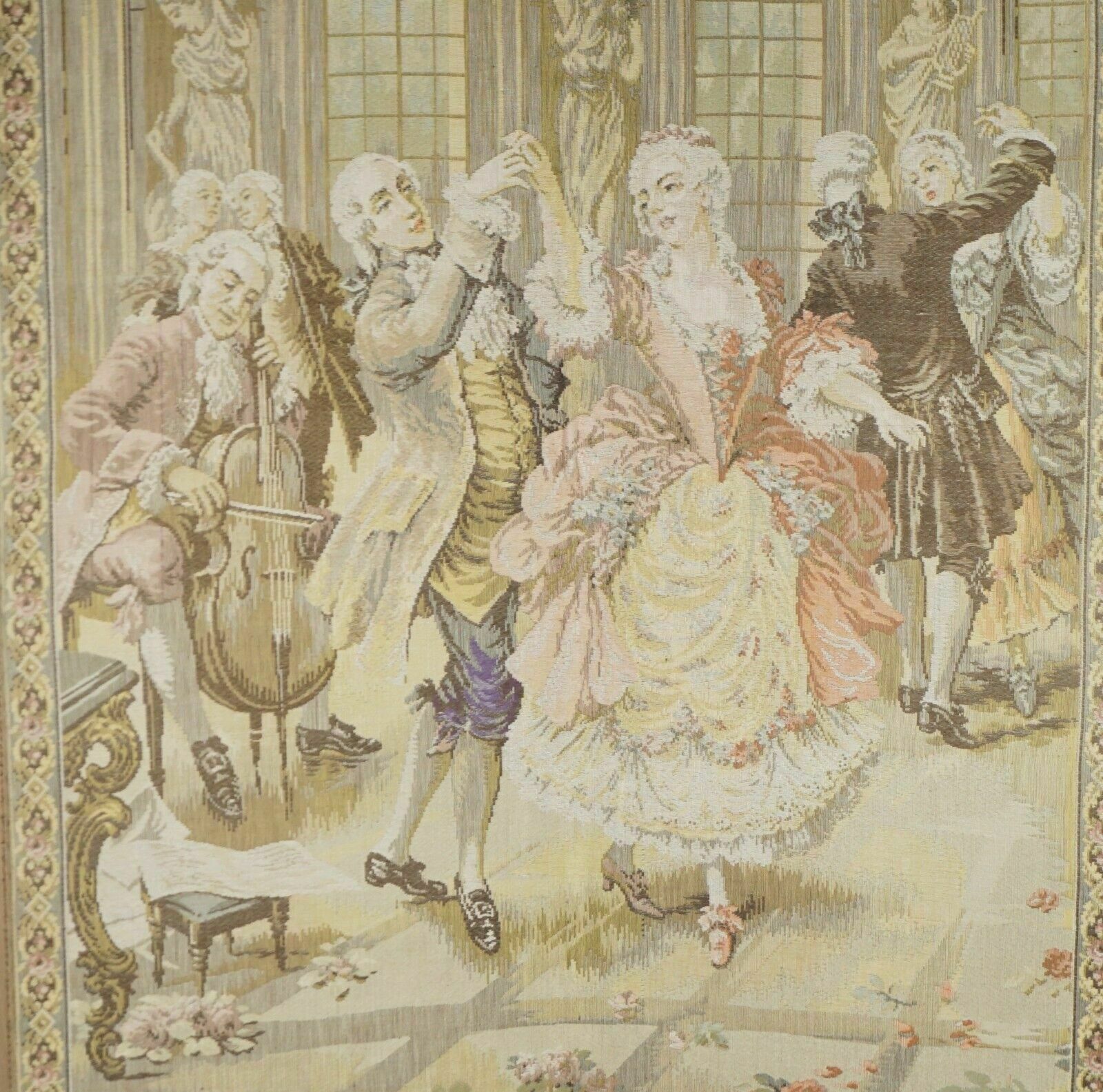 Original Antique Victorian Tapestry Four Panel Folding Screen Of Nobles Dancing photo for sale
