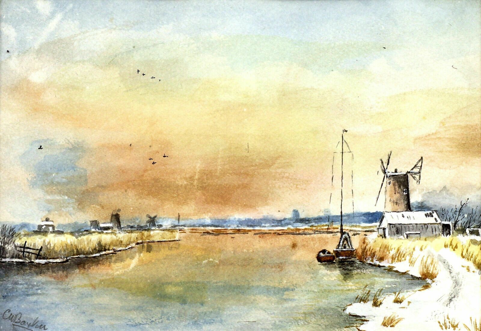 Watercolour By C M Baxter. Winter View Of Wind Pumps photo furniture