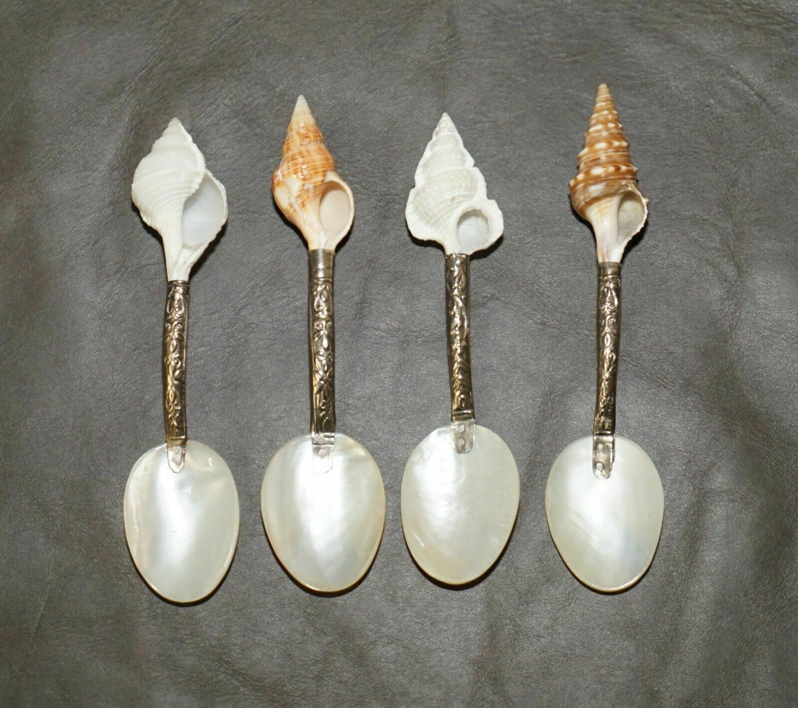 Four Antique Victorian Mother Of Pearl & Sterling Silver Tested Shell Tea Spoons photo furniture