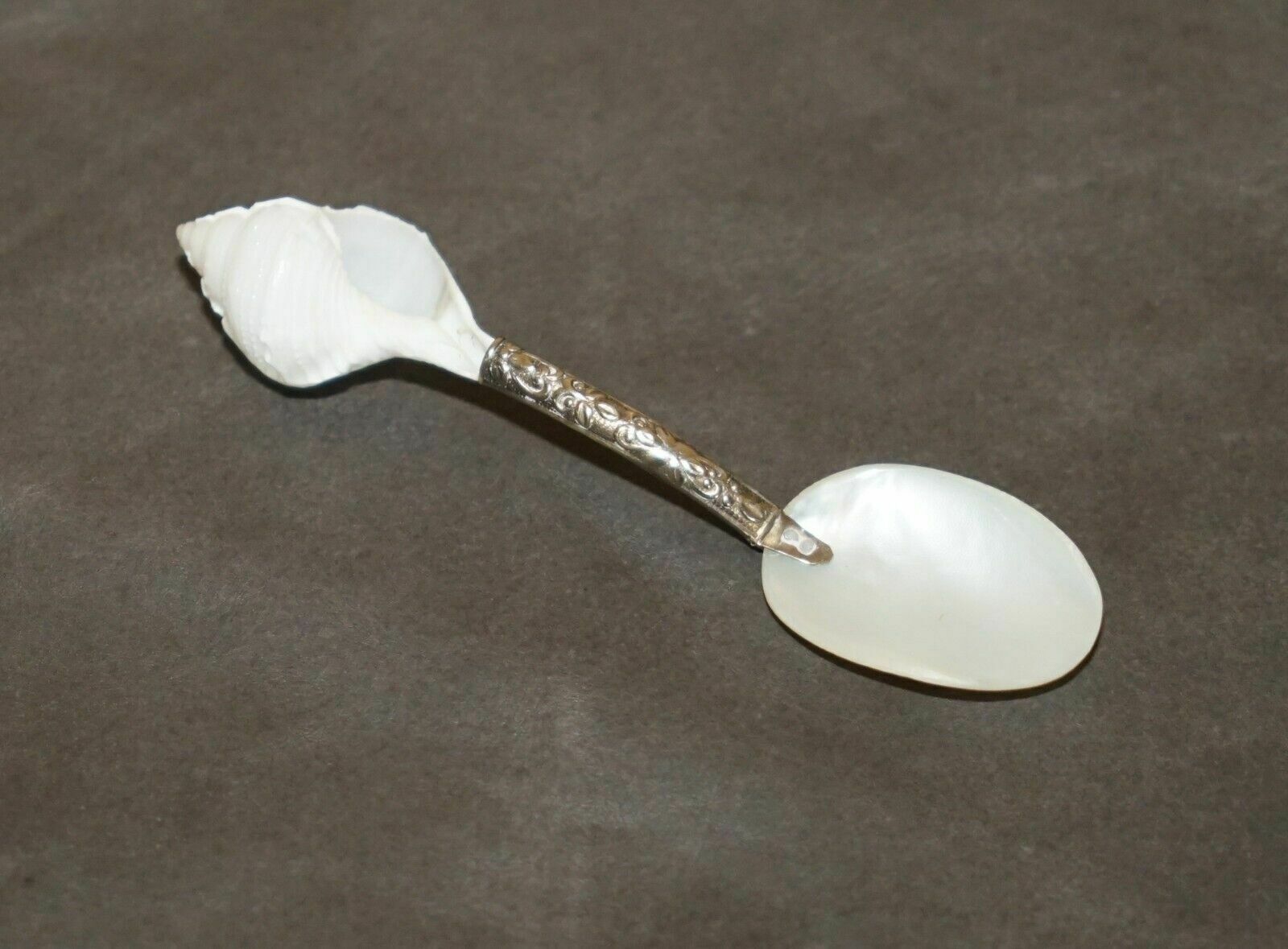 Four Antique Victorian Mother Of Pearl & Sterling Silver Tested Shell Tea Spoons photo for sale