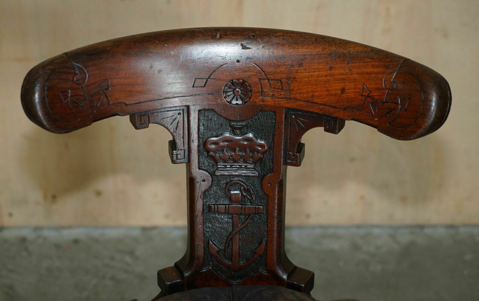 Antique Circa 1800 Ships Captains Chair With Royal Crown And Anchor Carved photo vinterior