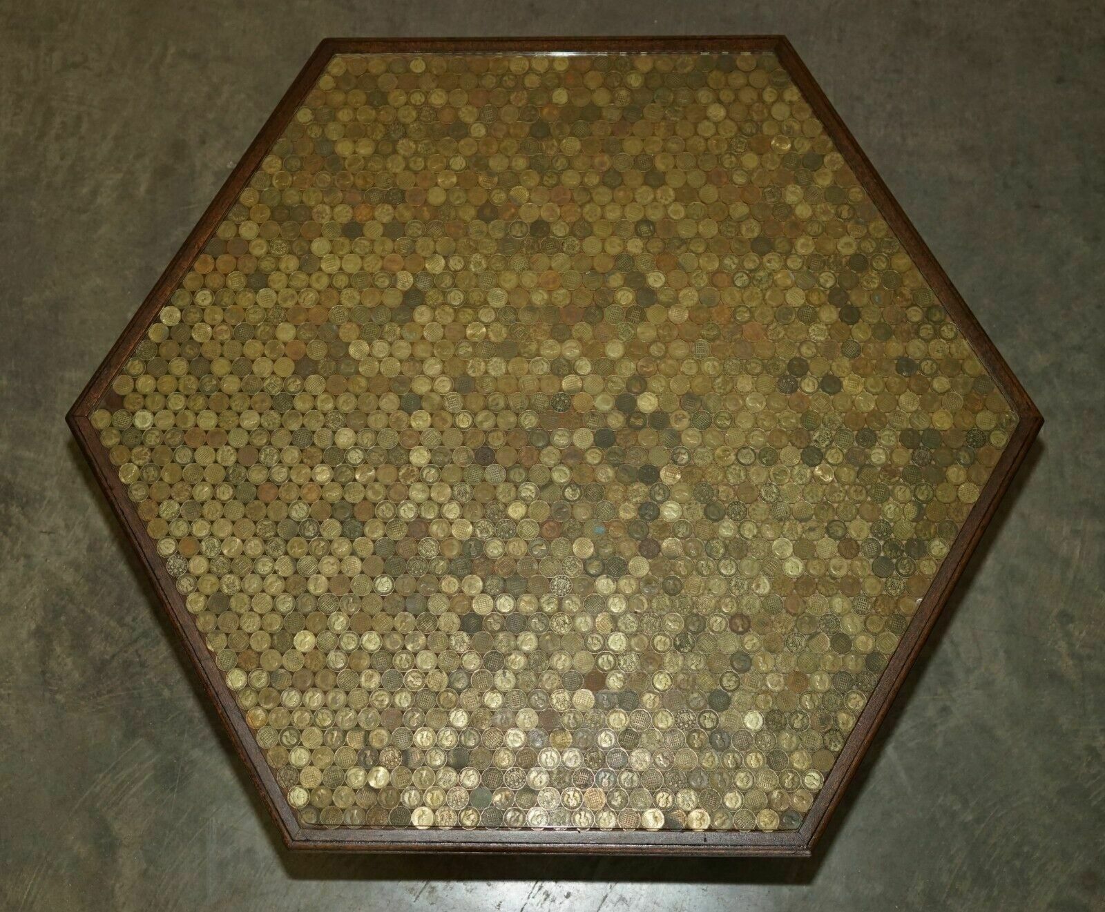Antique Circa 1920 Coffee Table Covers In English Three Pence Coins From 1940's photo Furniture