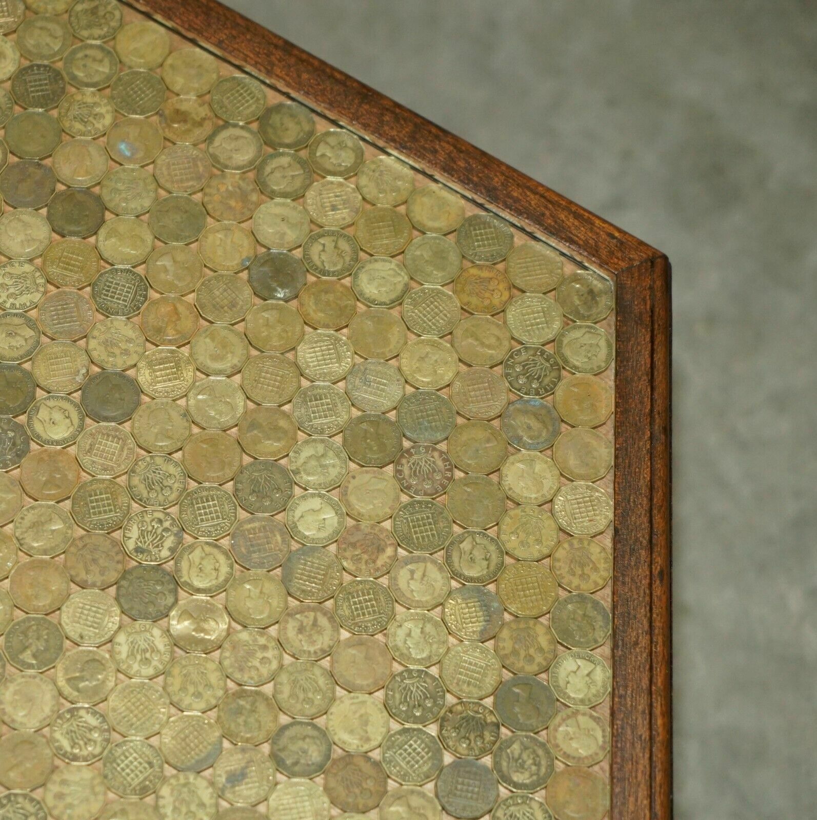 Antique Circa 1920 Coffee Table Covers In English Three Pence Coins From 1940's photo vinterior