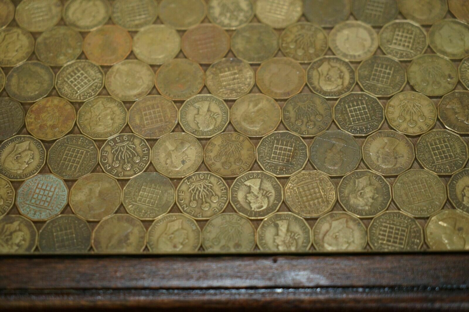 Antique Circa 1920 Coffee Table Covers In English Three Pence Coins From 1940's photo vintage
