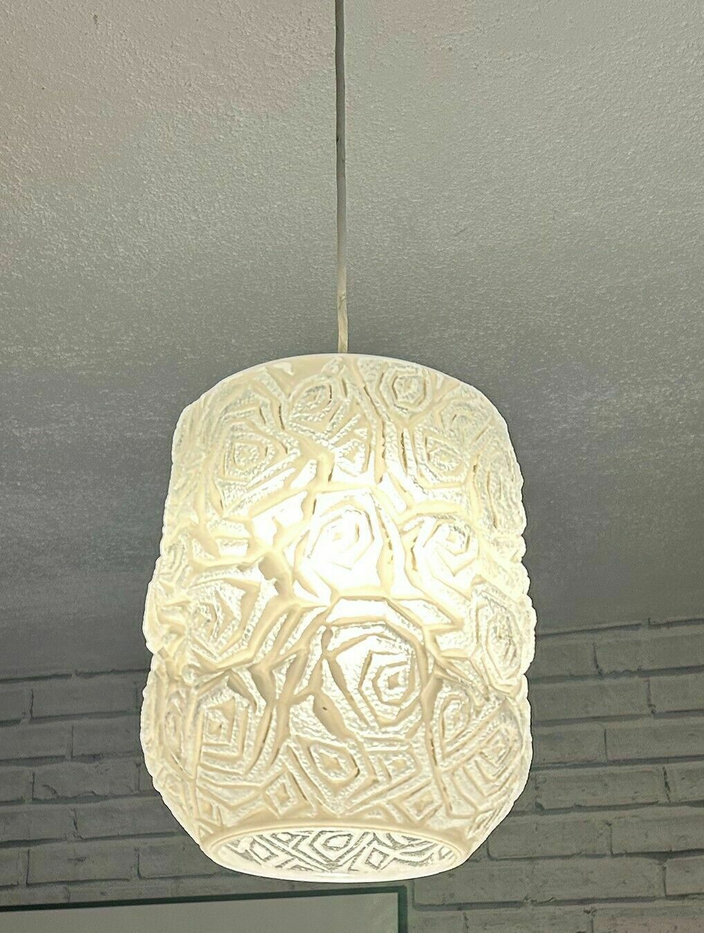 60s Retro Vintage Rose Flower Abstract Opaque White Glass Pendant Light Shade photo for sale