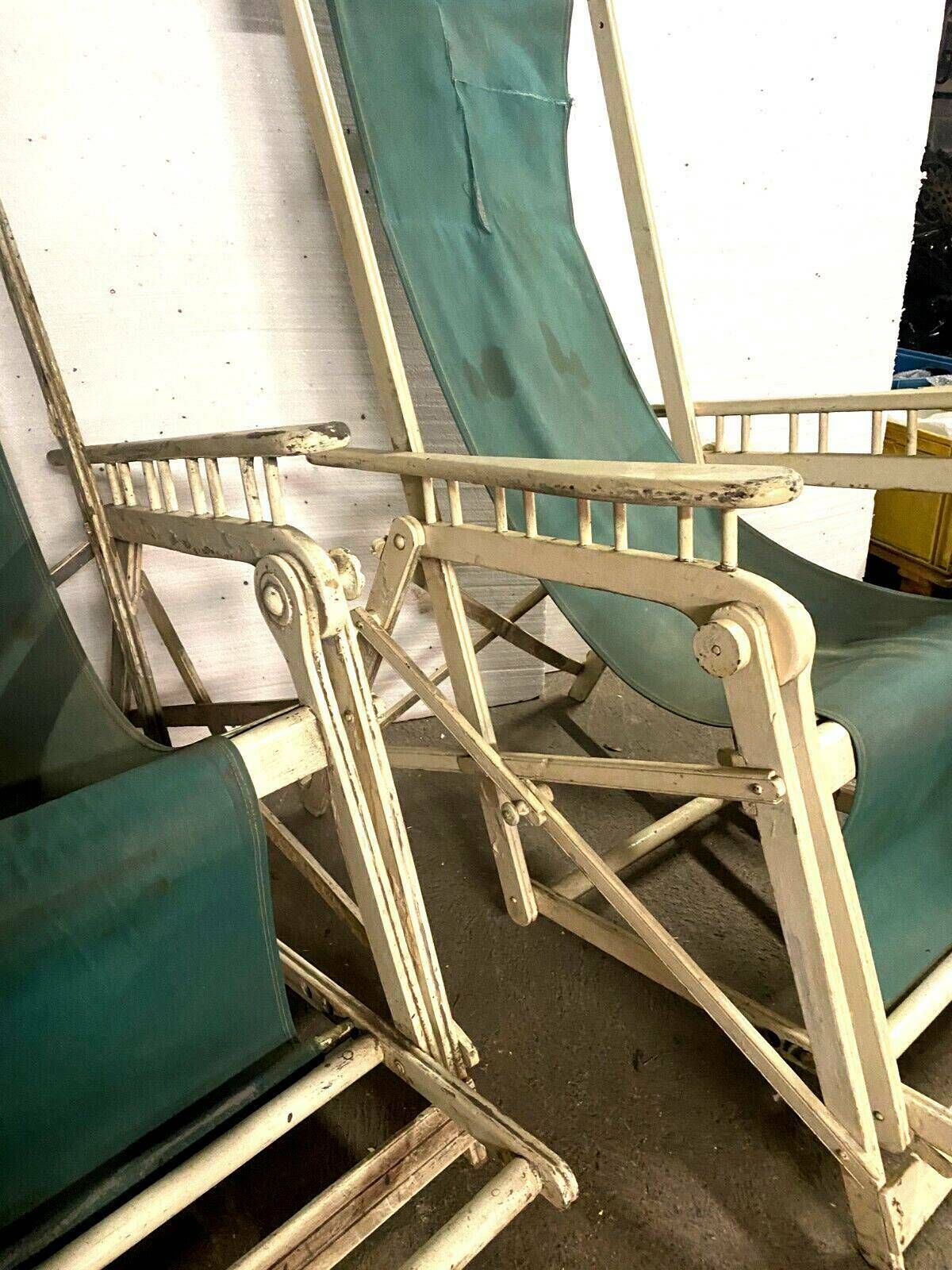 photo for sale Pair Of Old 20th Century Lacquered Wood Deckchairs