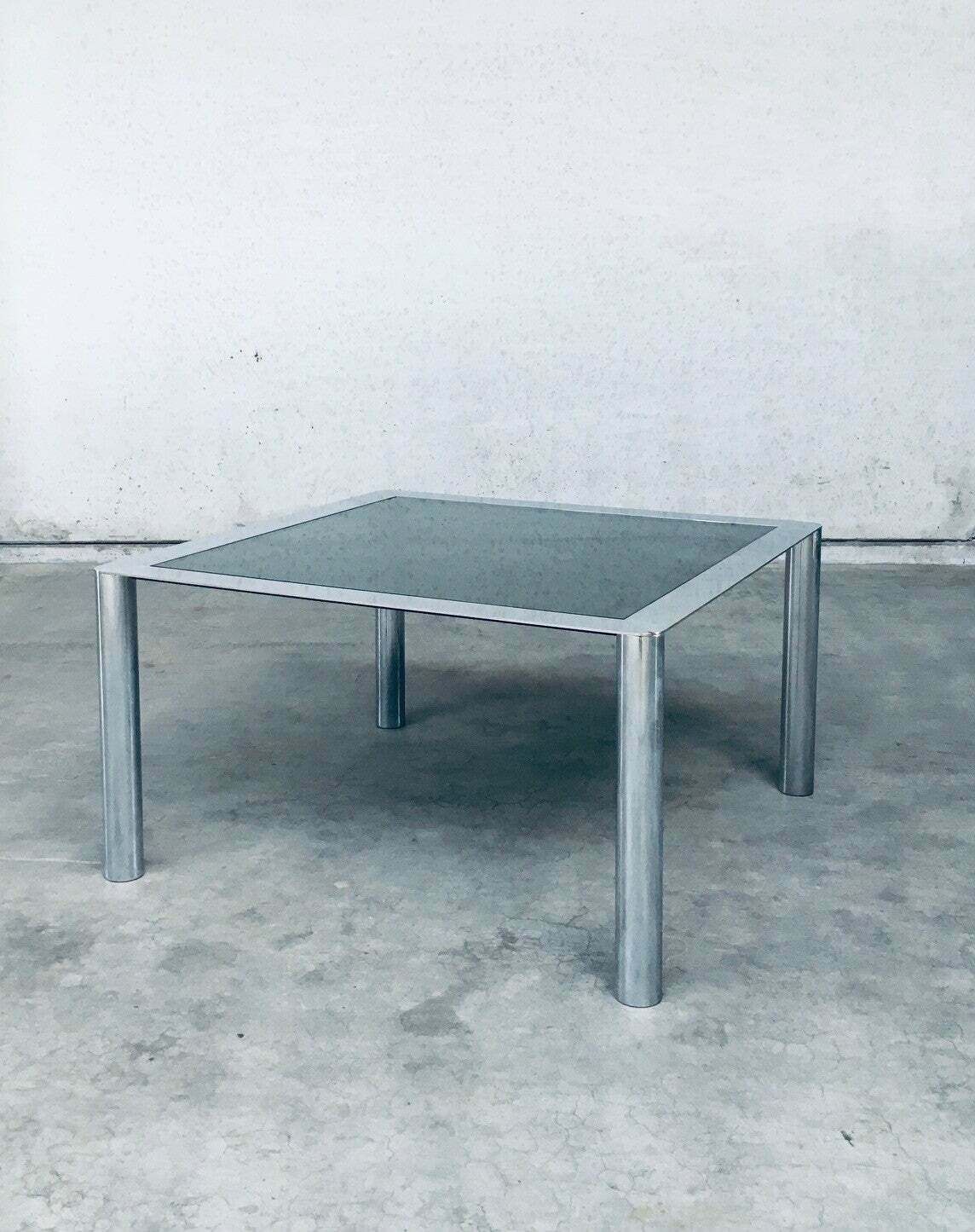 Midcentury Smoked Glass & Chromed Steel Square Dining Table By Sergio Mazza For Cinova, Italy 1970's photo furniture