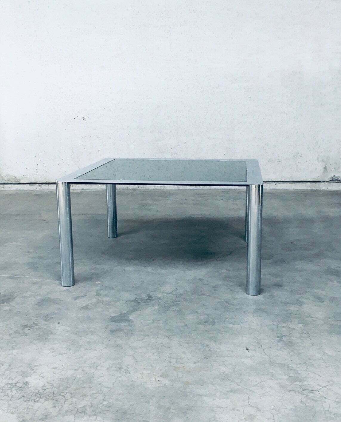 photo for sale Midcentury Smoked Glass & Chromed Steel Square Dining Table By Sergio Mazza For Cinova, Italy 1970's