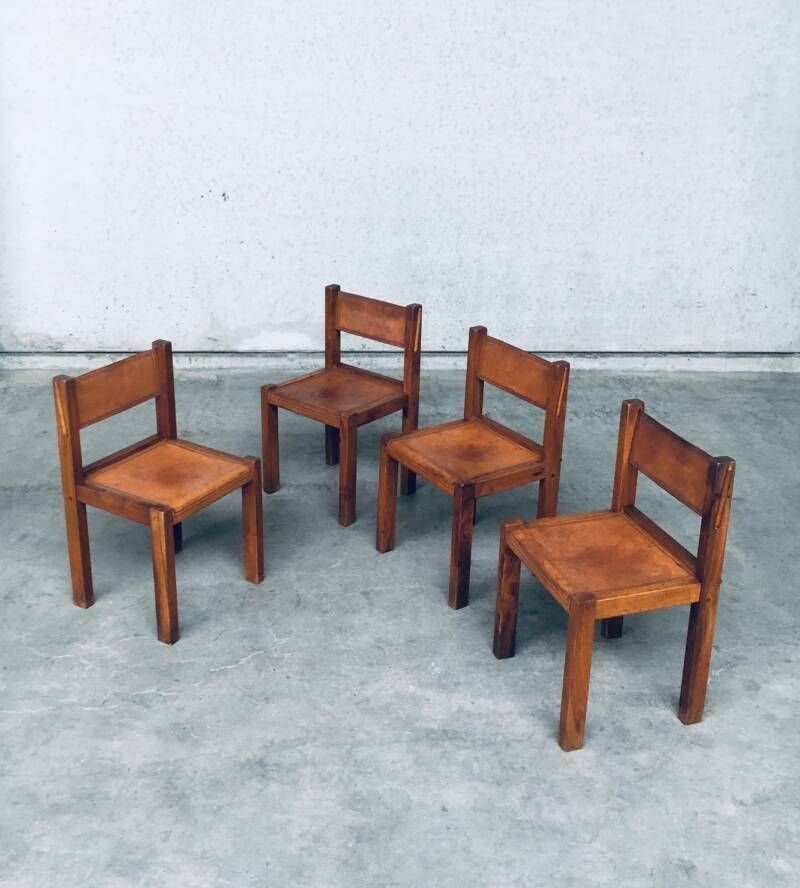 Elm & Cognac Leather Dining Room Chairs Set In The Manner Of Pierre Chapo, Italy 1960s photo vintage