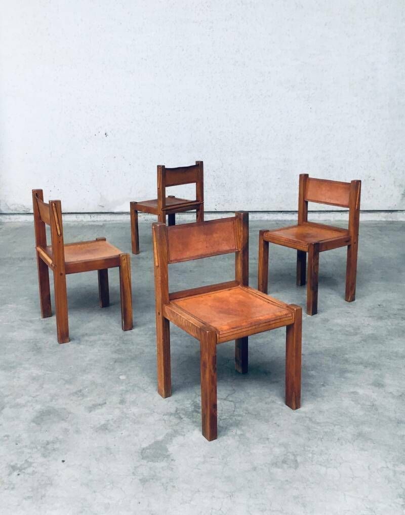 photo furniture Set Eetkamerstoelen Van Iepenhout En Cognackleurig Leer, In De Stijl Van Pierre Chapo, Italië, Ca. Jaren 1960