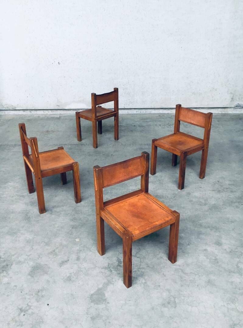 photo vintage Elm & Cognac Leather Dining Room Chairs Set In The Manner Of Pierre Chapo, Italy 1960s