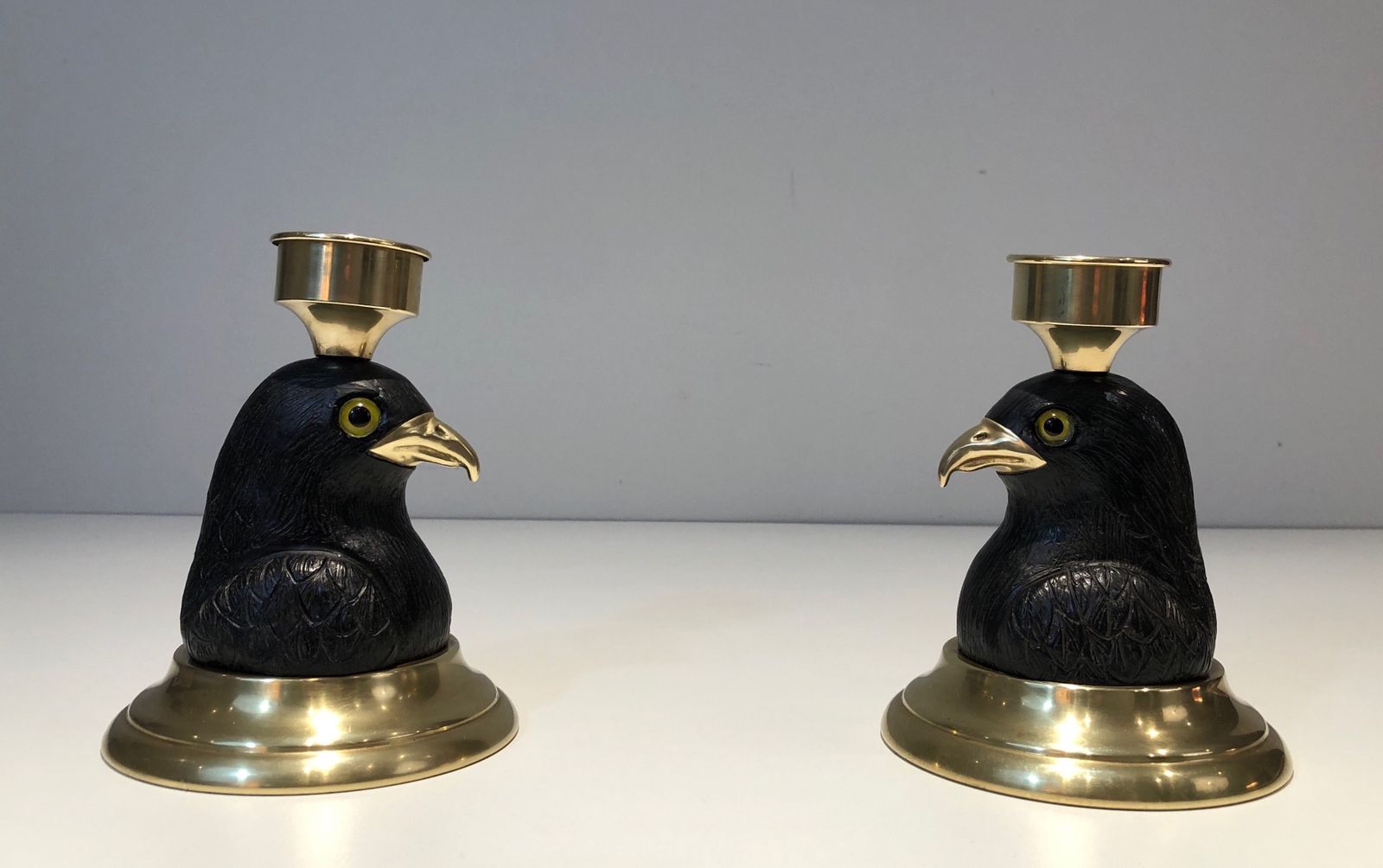 Pair Of Candlesticks Representing Eagles In Carved Wood, Brass Beaks And Glass Eyes Stamped Houy Pouiga