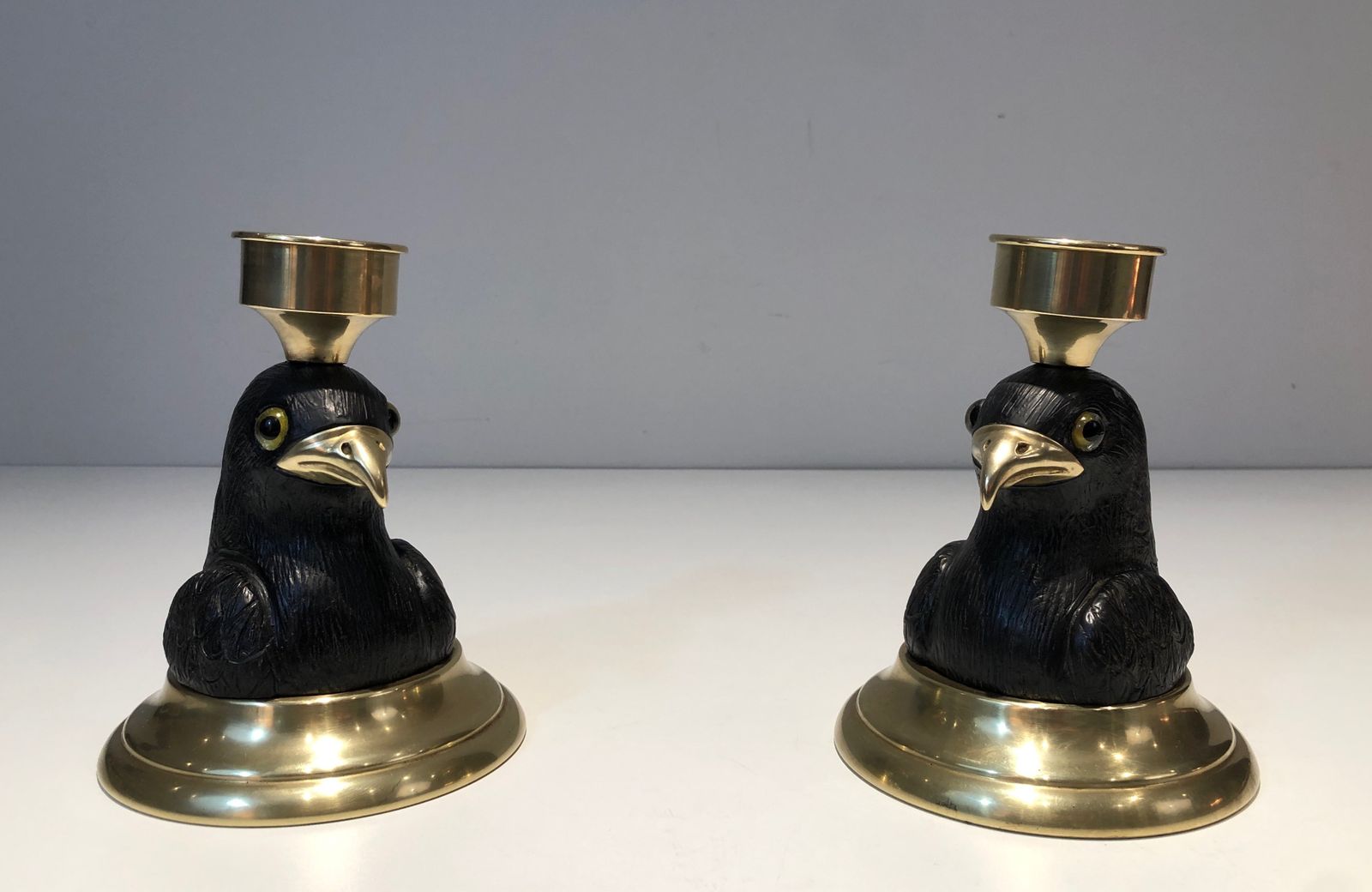 Pair Of Candlesticks Representing Eagles In Carved Wood, Brass Beaks And Glass Eyes Stamped Houy Pouiga photo furniture