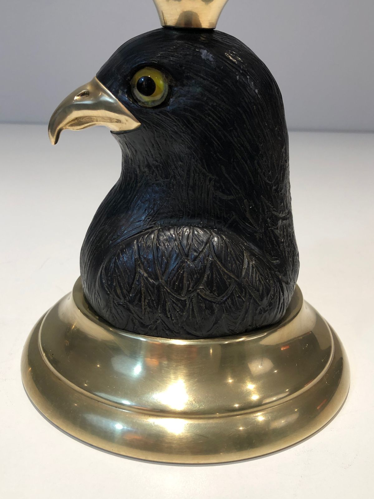 photo vintage Pair Of Candlesticks Representing Eagles In Carved Wood, Brass Beaks And Glass Eyes Stamped Houy Pouiga