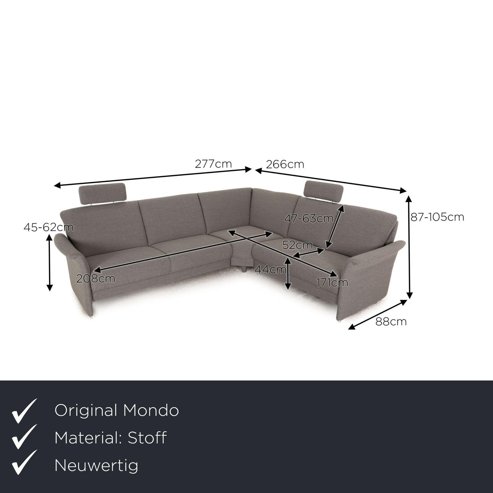 Mondo Luminara Fabric Corner Sofa Gray Manual Function photo furniture