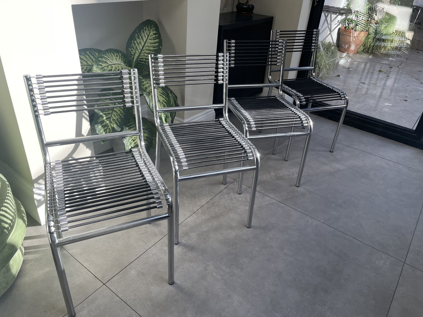 Set Of 4 René Herbst 'Sandows' Chairs Steel And Cord Design 1928 Produced 1970s