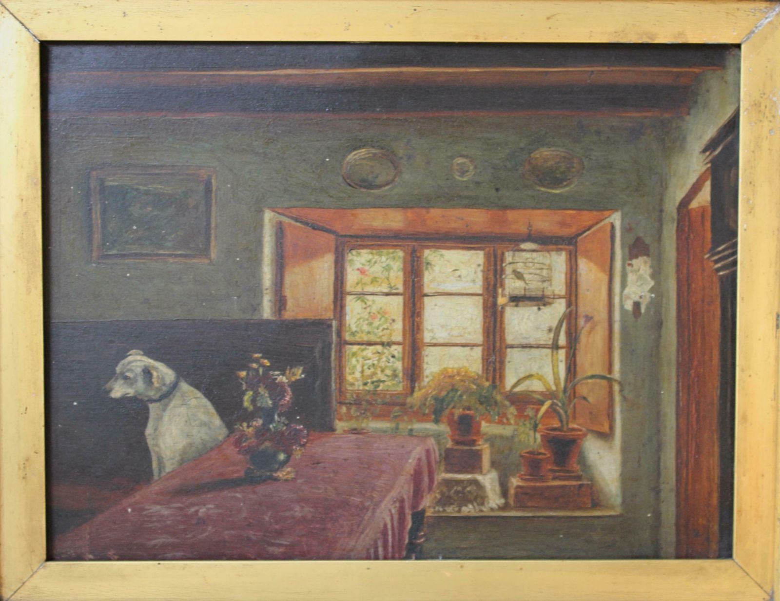 photo for sale 19th C Folk Art J.Wheatley Jones Oil On Board Dog & Interior "Inferno" 1887