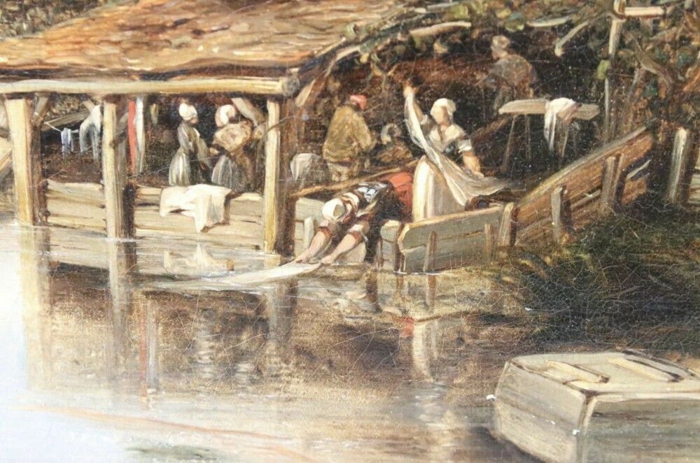 C19th Oil Painting On Canvas Showing Women Washing Laundry photo for sale