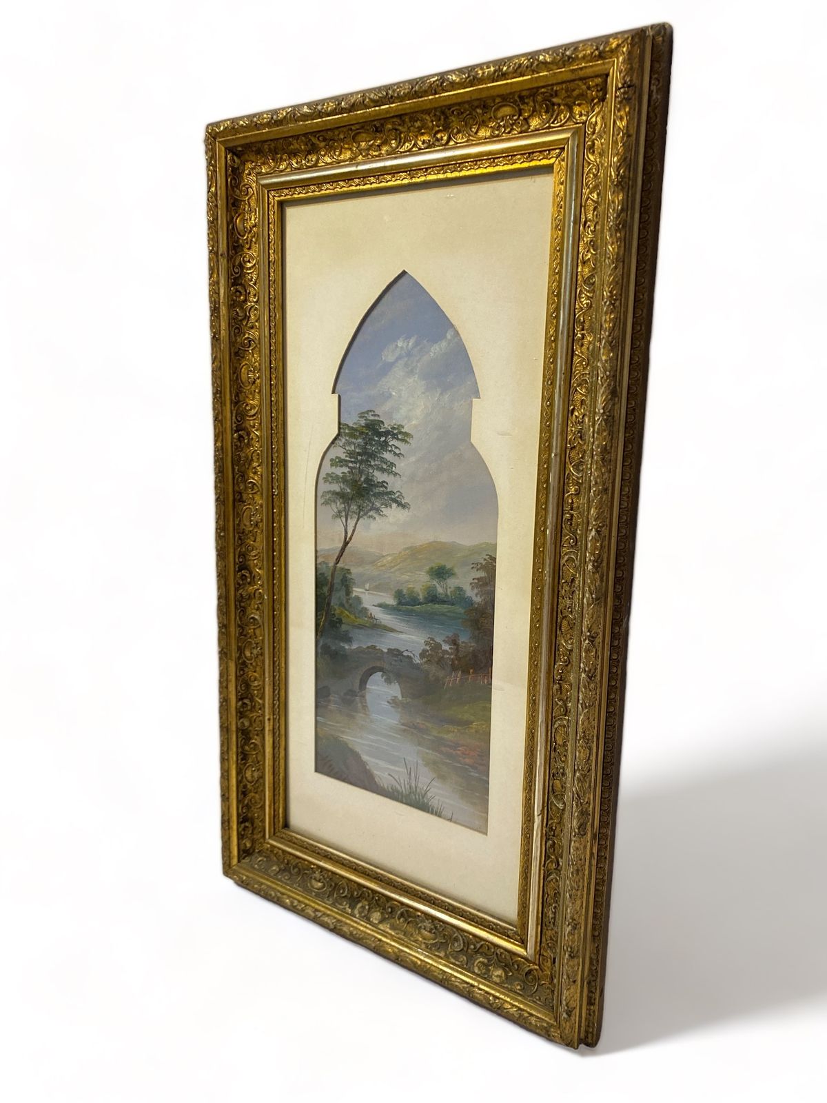 Watercolour Painting   Arched Bridge Over A River To The Lake photo 75.0