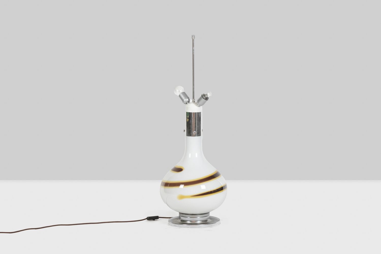 White Glass Lamp Decorated With A Brown And Yellow Spiral, 1970s