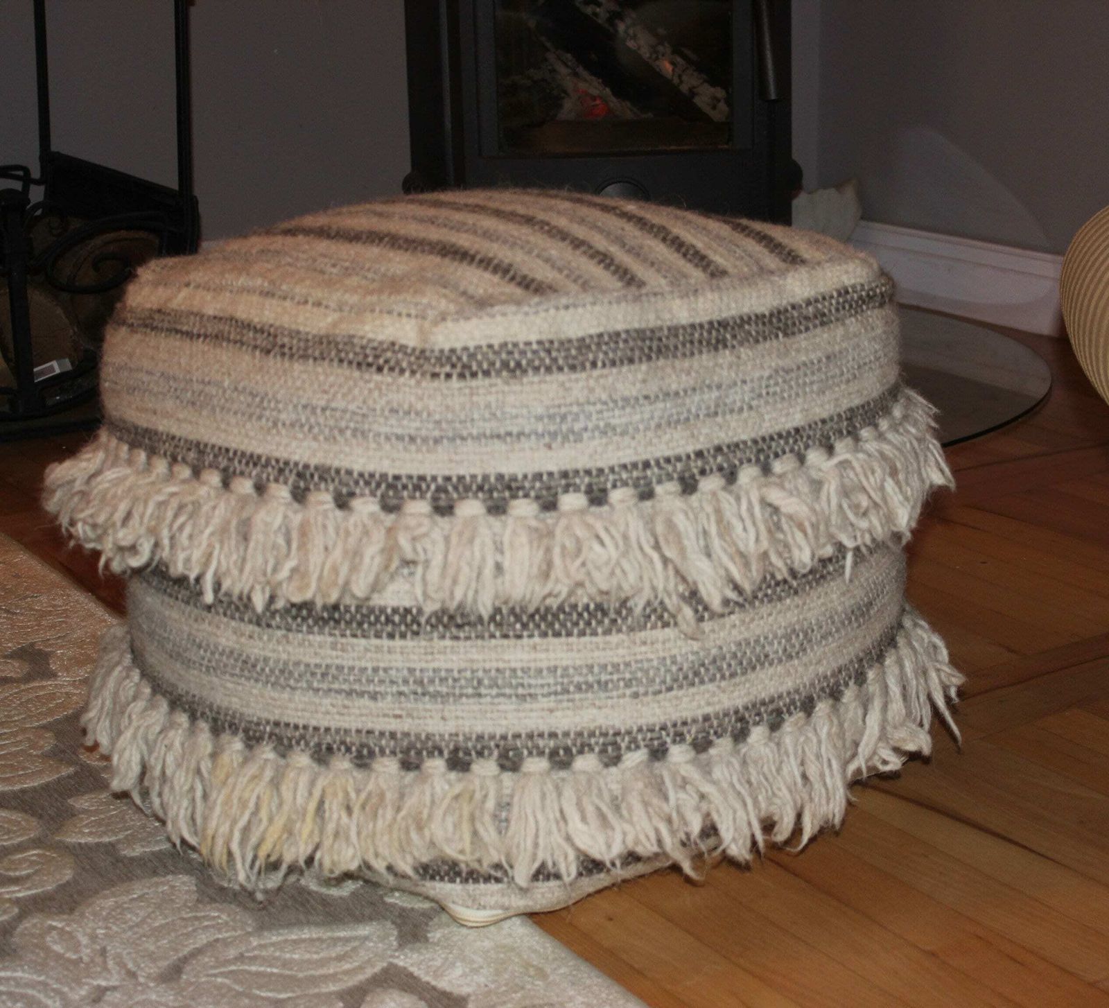 Beige Wool Pouf With Tassels, Square Ottoman, Foot Chair Comfortable Living Room Furniture photo furniture