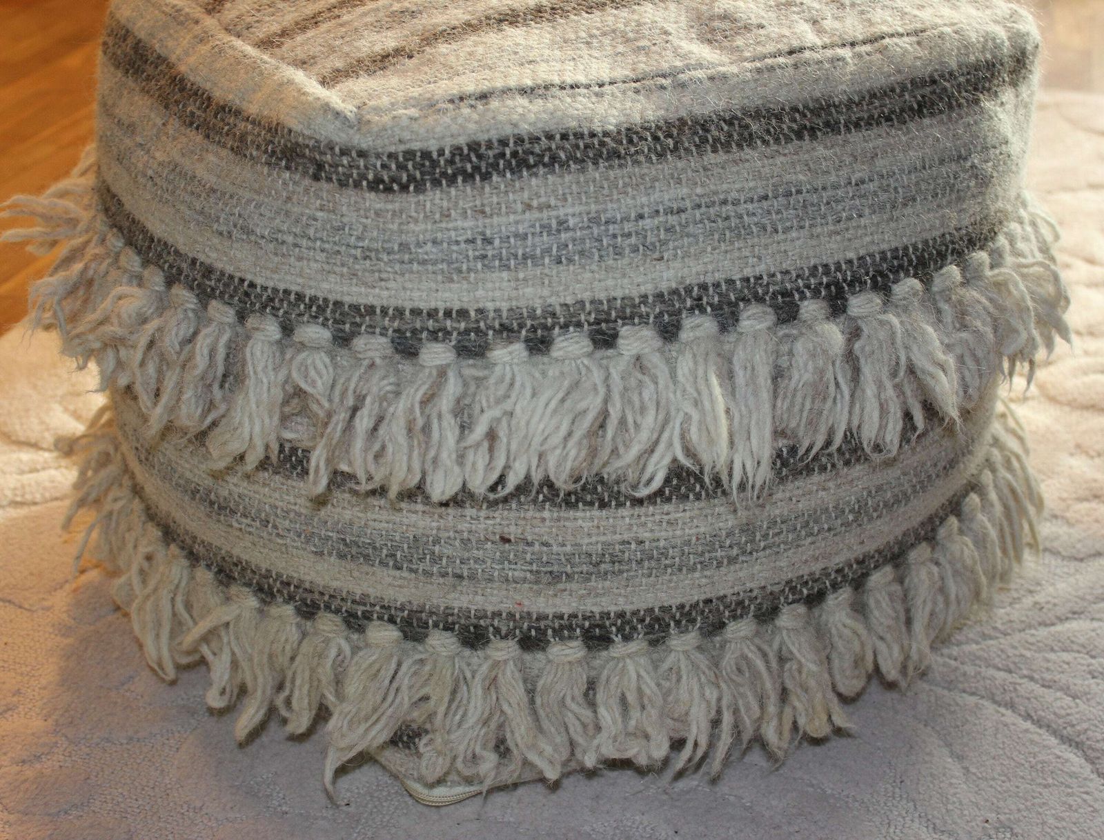 Beige Wool Pouf With Tassels, Square Ottoman, Foot Chair Comfortable Living Room Furniture photo buy