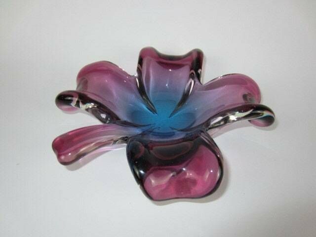 Seguso Purple And Blue Murano Sommerso Lucky 4 Leaf Clover Shape Bowl Dish 60s