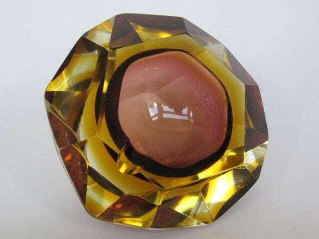 Murano Sommerso Brown Amber Mandruzzato 6 Facet Cut Geometric Art Glass Bowl photo buy