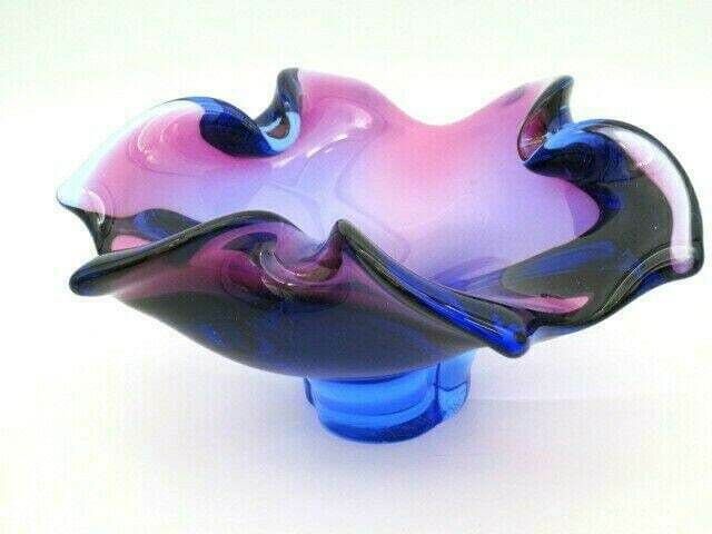 Purple And Blue Art Glass Bowl Dish Freeform Sommerso Chribska