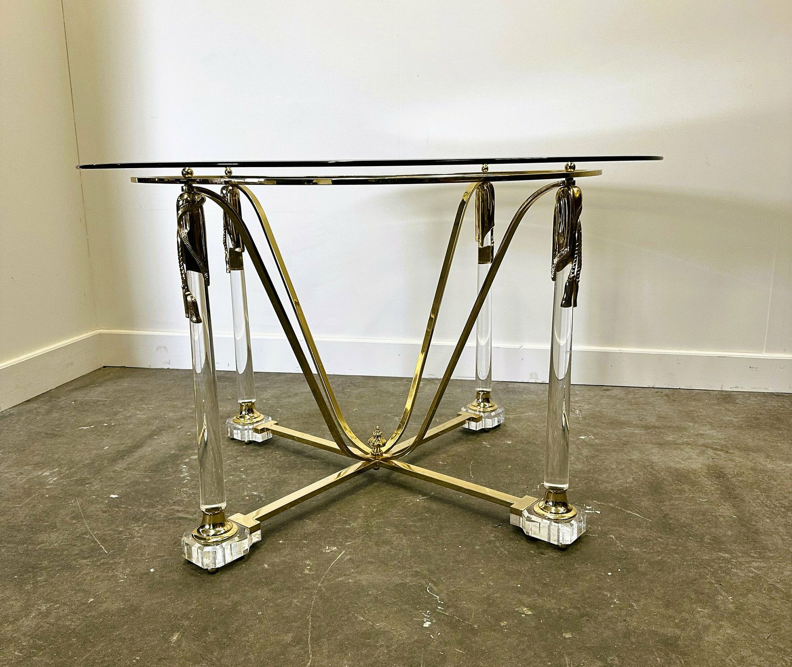 Brass And Lucite Dining Table With Beveled Glass Top, Italy 1980s. photo vinterior