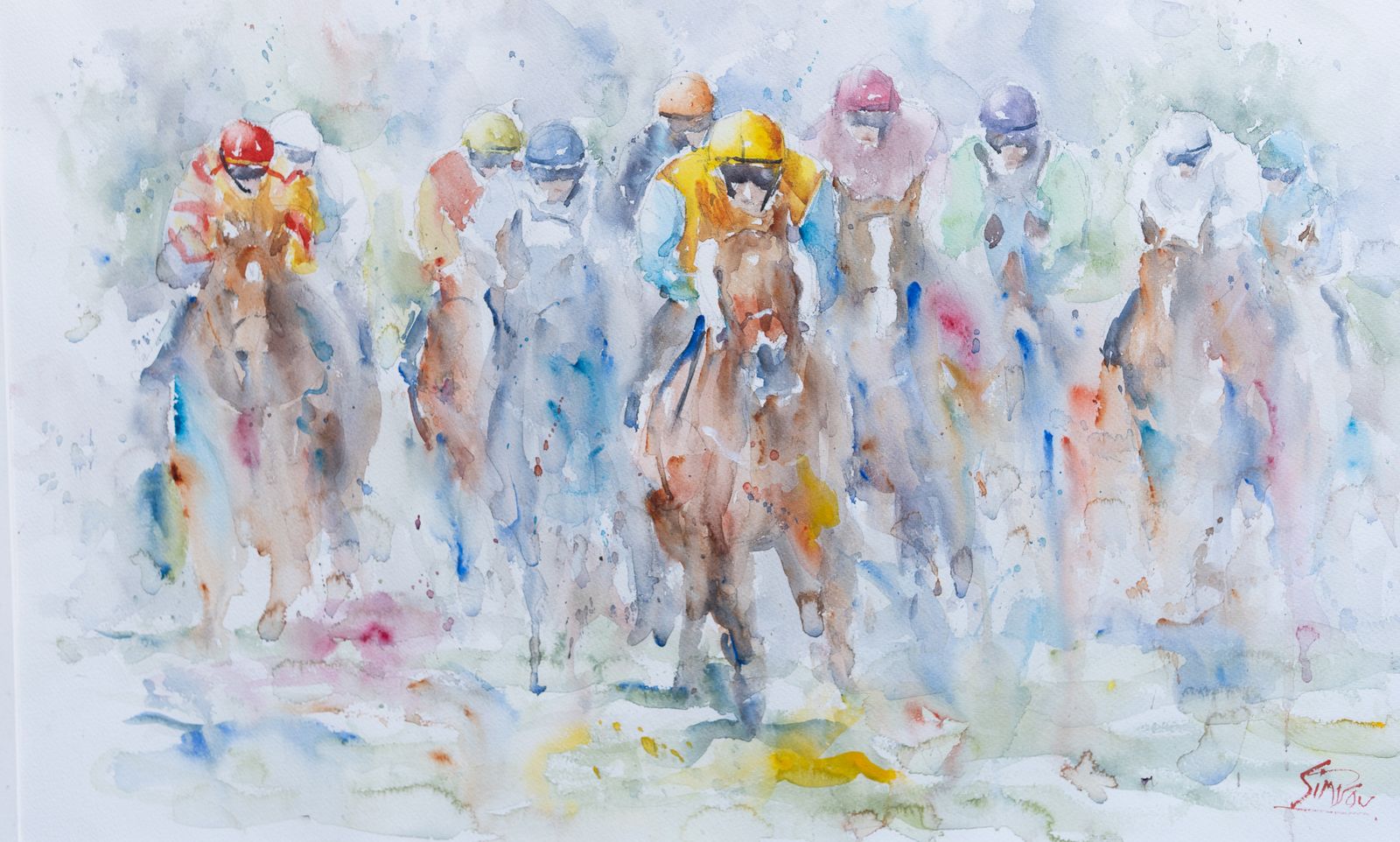 Large, Framed, Original Horse Racing Watercolour Painting By Roger Simpson