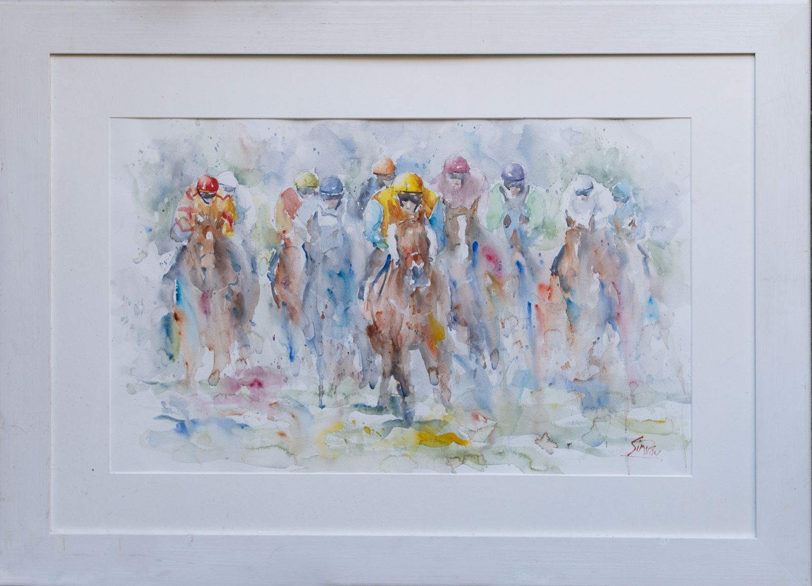 Large, Framed, Original Horse Racing Watercolour Painting By Roger Simpson photo for sale