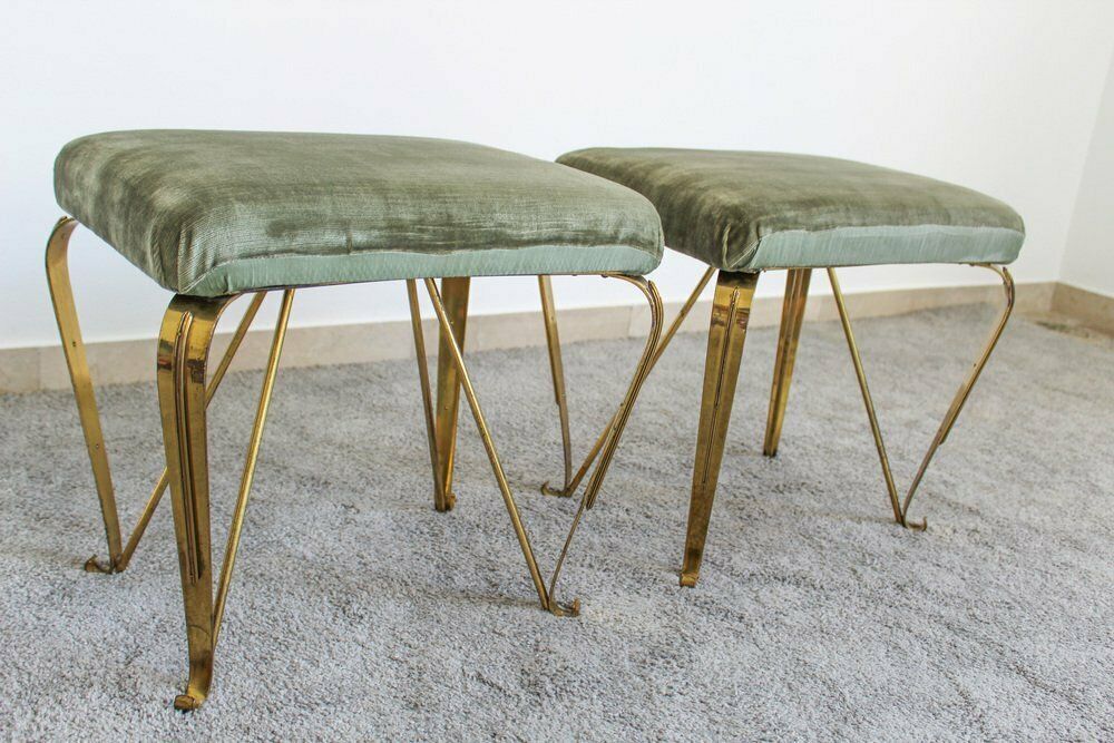 Mid Century Italian Brass And Velvet Benches From Jansen, 1950s, Set Of 2 photo vinterior