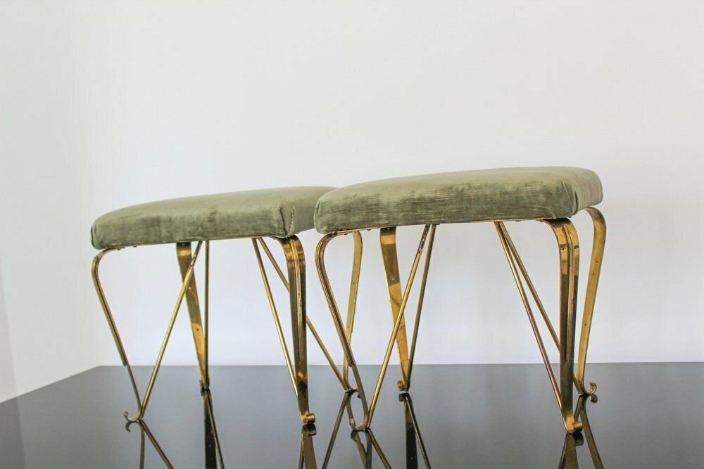 photo for sale Mid Century Italian Brass And Velvet Benches From Jansen, 1950s, Set Of 2
