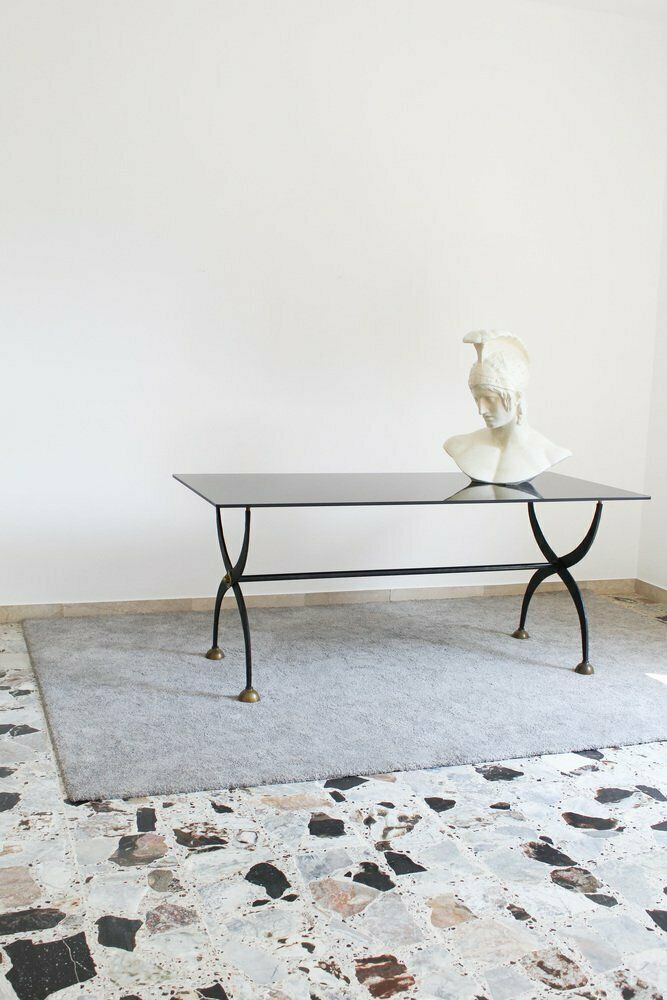 Dining Table In Wrought Iron And Black Lacquered Glass, Italy, 1970s photo vintage