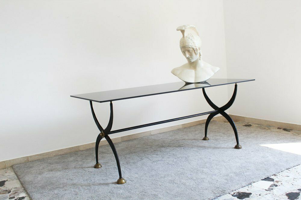 photo furniture Dining Table In Wrought Iron And Black Lacquered Glass, Italy, 1970s