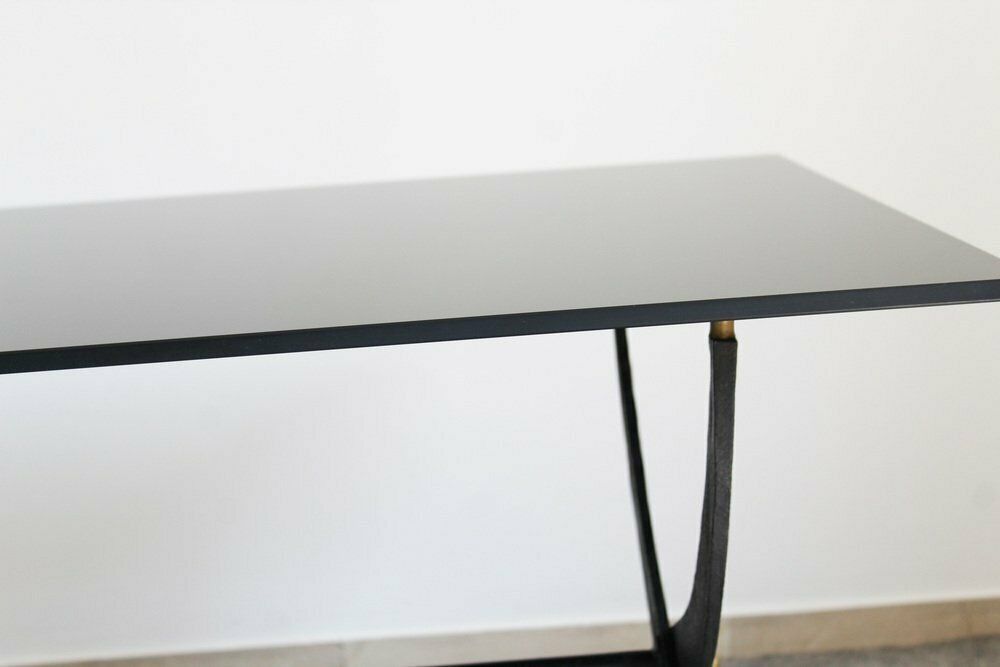 photo for sale Dining Table In Wrought Iron And Black Lacquered Glass, Italy, 1970s