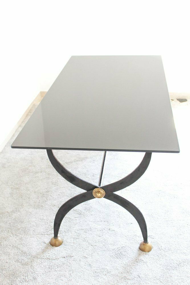 photo vintage Dining Table In Wrought Iron And Black Lacquered Glass, Italy, 1970s