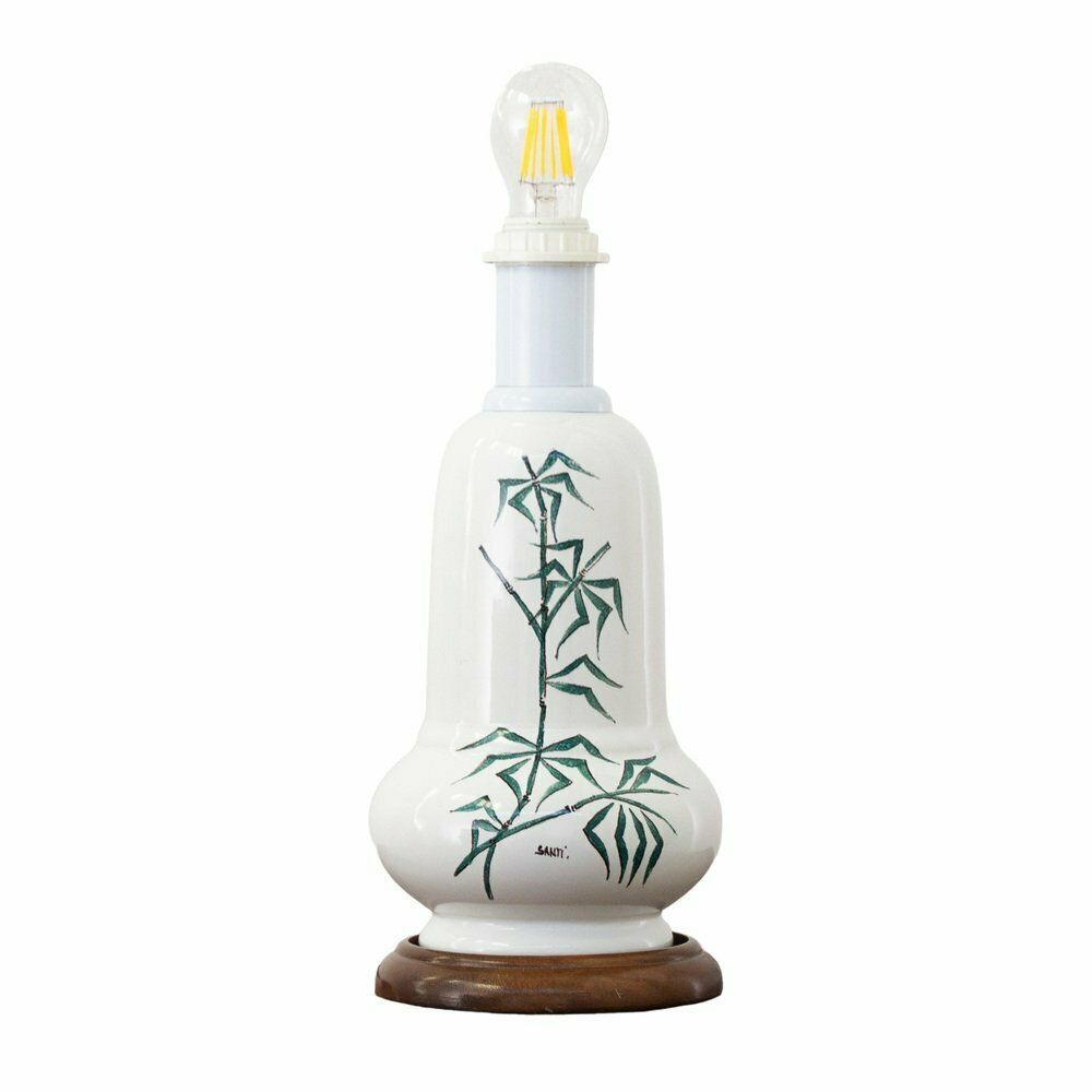 Vintage Table Lamp In Glossy White Ceramic With Hand Decorated Wooden Base, Italy, 1980s