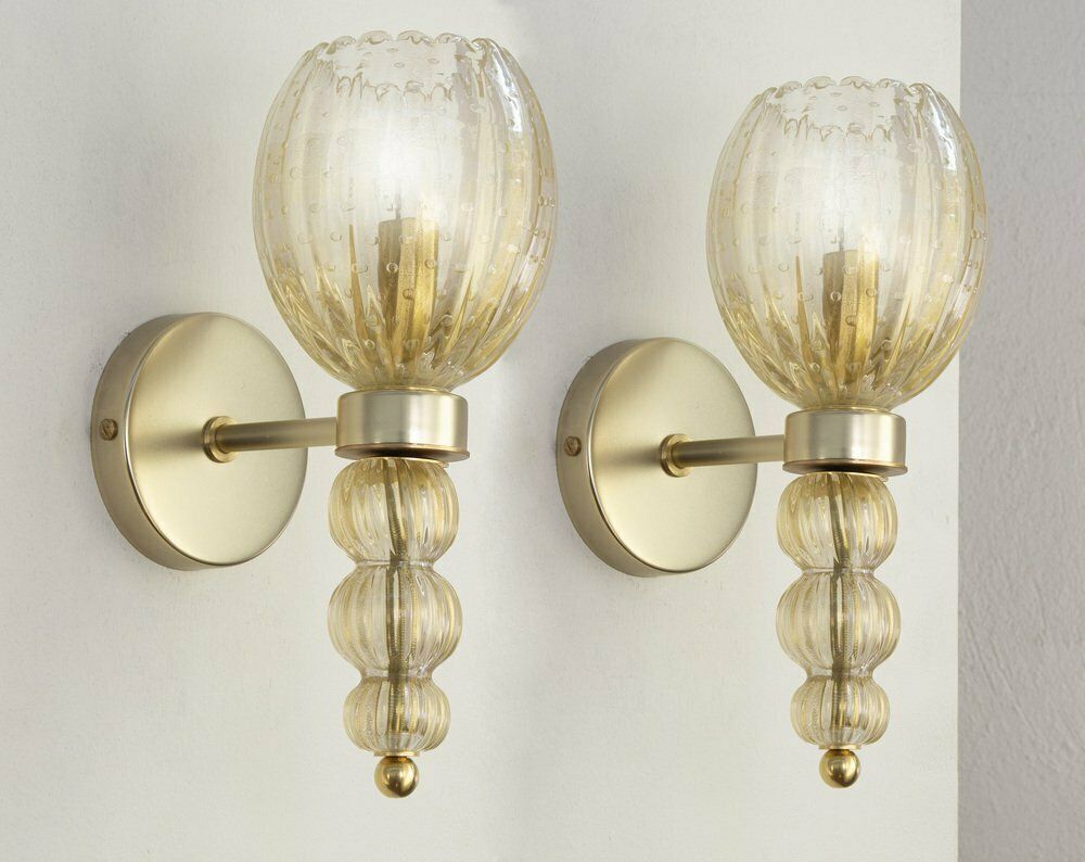 Wall Lamps In Crystal Colored Murano Glass And Golden Decorations, Blown Glass And Artistic Decorations, 1990s, Set Of 2 photo furniture