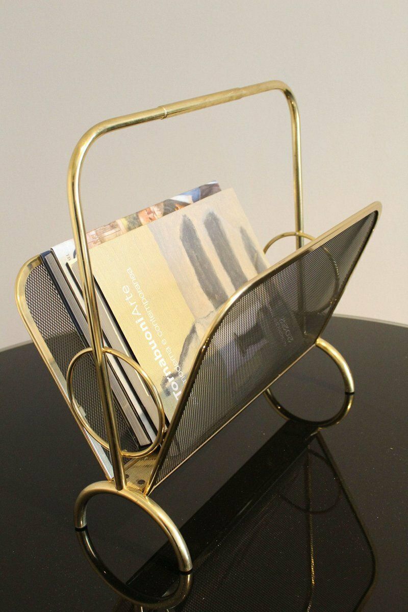 Magazine Rack In Brass And Black Lacquered Metal, Italy, 1970s photo Home Decor