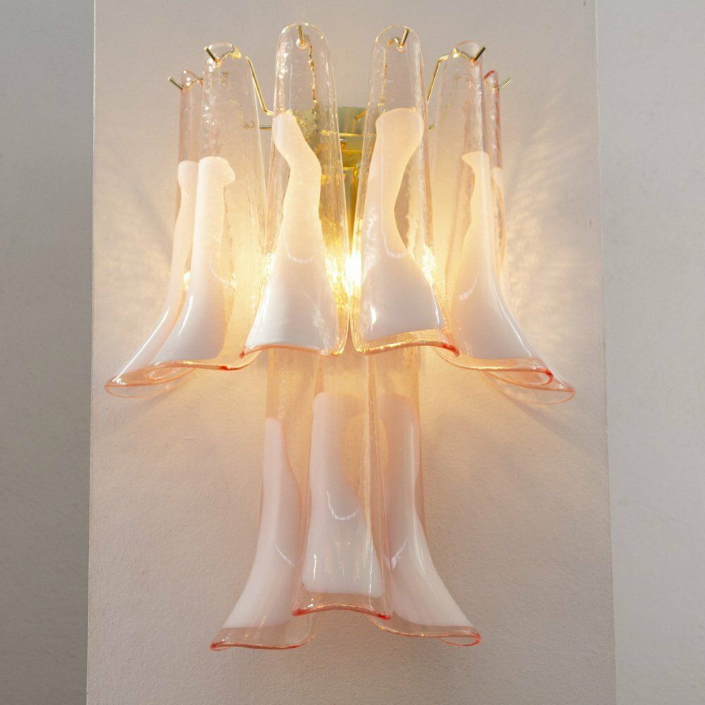 photo for sale Petal Wall Lamp In Pink Murano Glass With White Decoration, Italy, 1990s