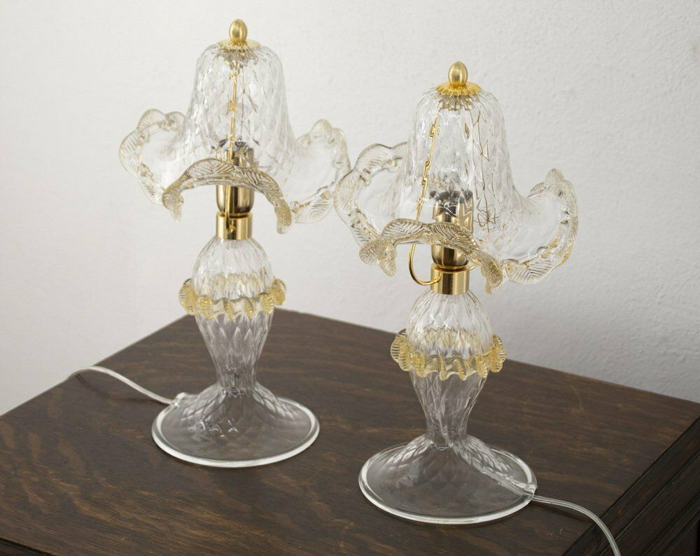 Murano Transparent Murano Glass Table Lamps With Golden Art Decorations, Italy, Set Of 2 photo furniture
