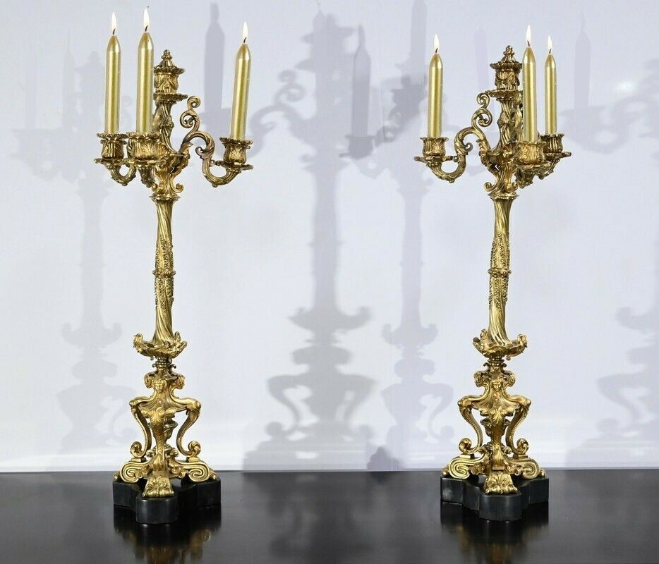 Pair Of Golden Bronze Candlabers, Restoration – Early 19th