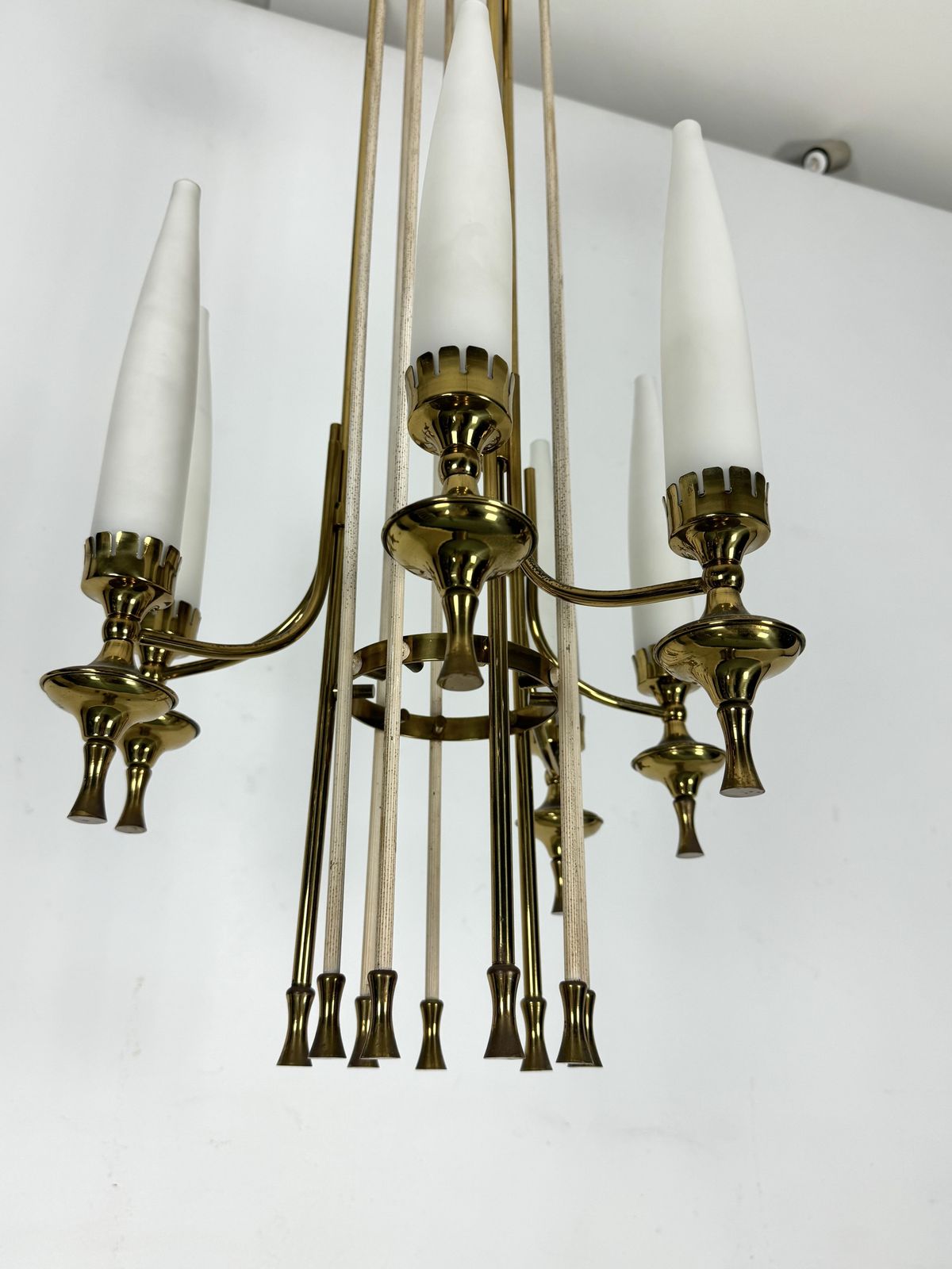 Mid Century Arredoluce Monza Brass And Six Opaline Glasses Chandelier. Italy 1950s photo buy