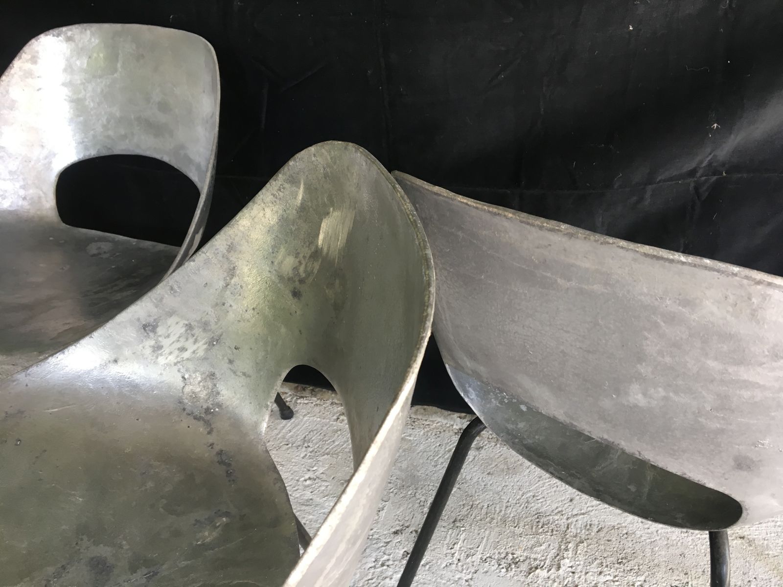 photo for sale Set Of 3 Pierre Guariche “Tonneau” Cast Aluminum Chairs 1950’s