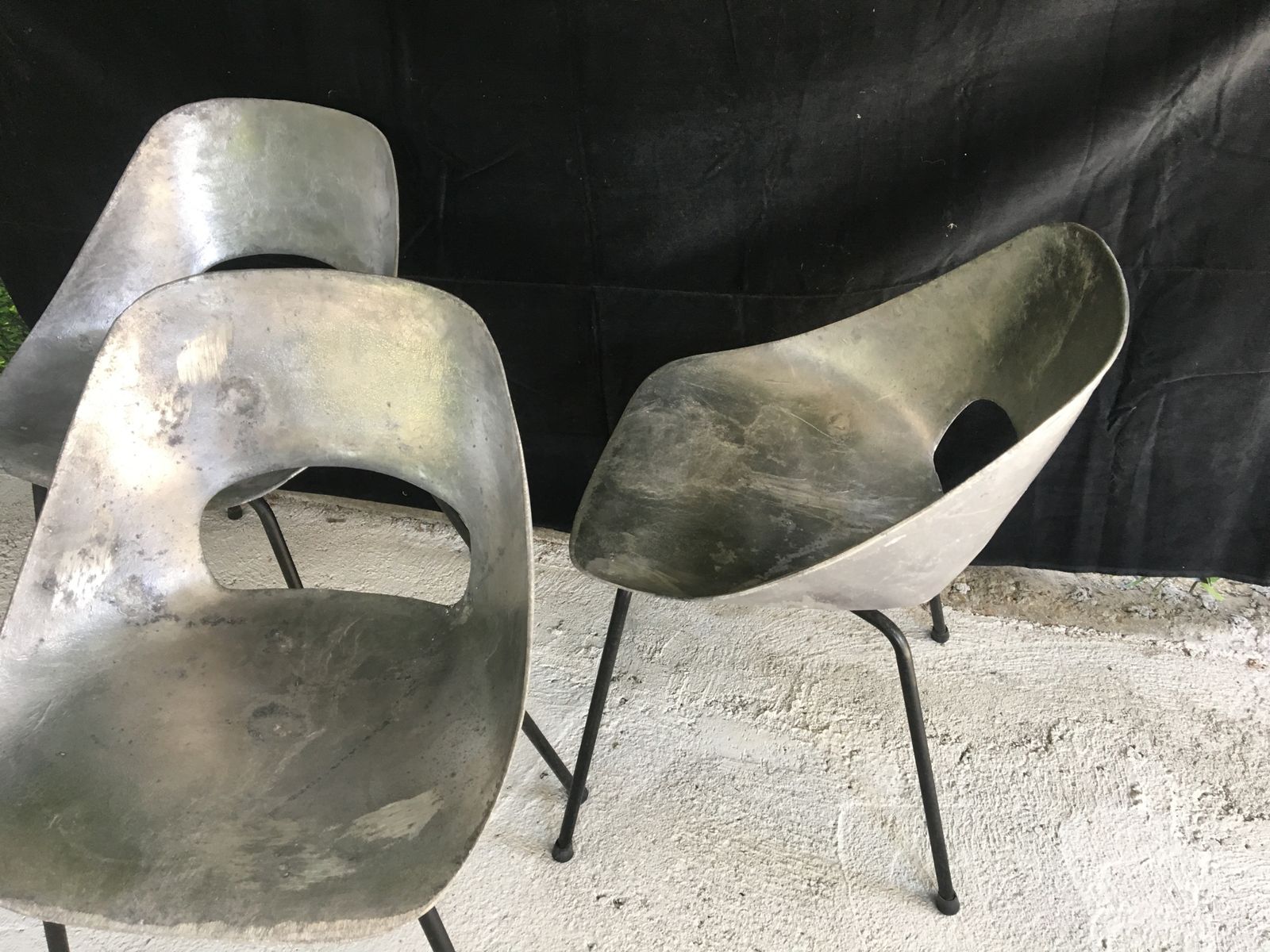 Furniture Set Of 3 Pierre Guariche “Tonneau” Cast Aluminum Chairs 1950’s photo