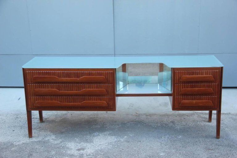 Chest Of Drawers, 1950, Mahogany , Glass Top Gray Mid Century Modern Italian photo for sale